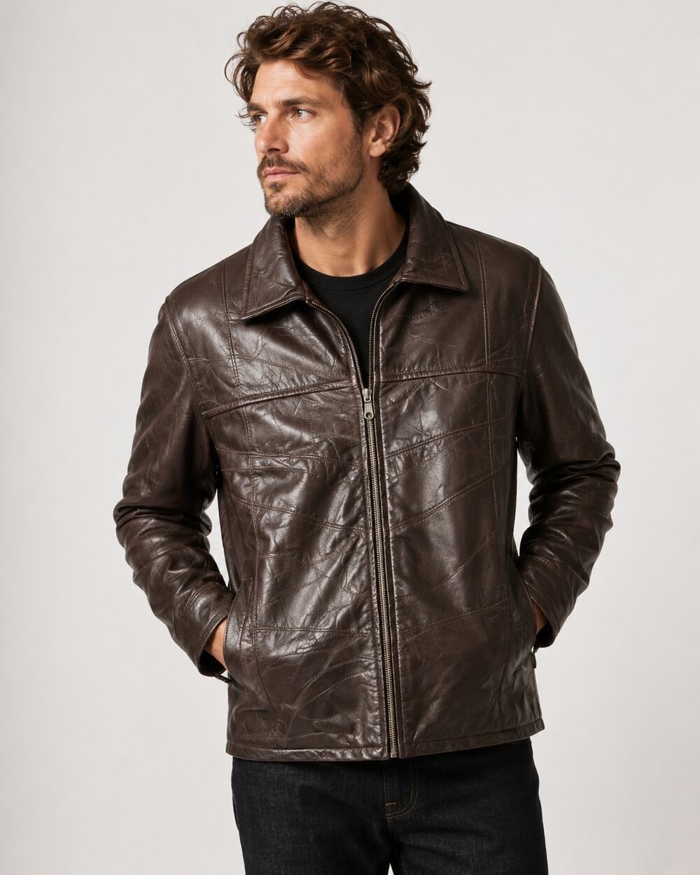 Vintage 90s Brown Patchwork Leather Removable Faux Fur Lined Coat Mens M